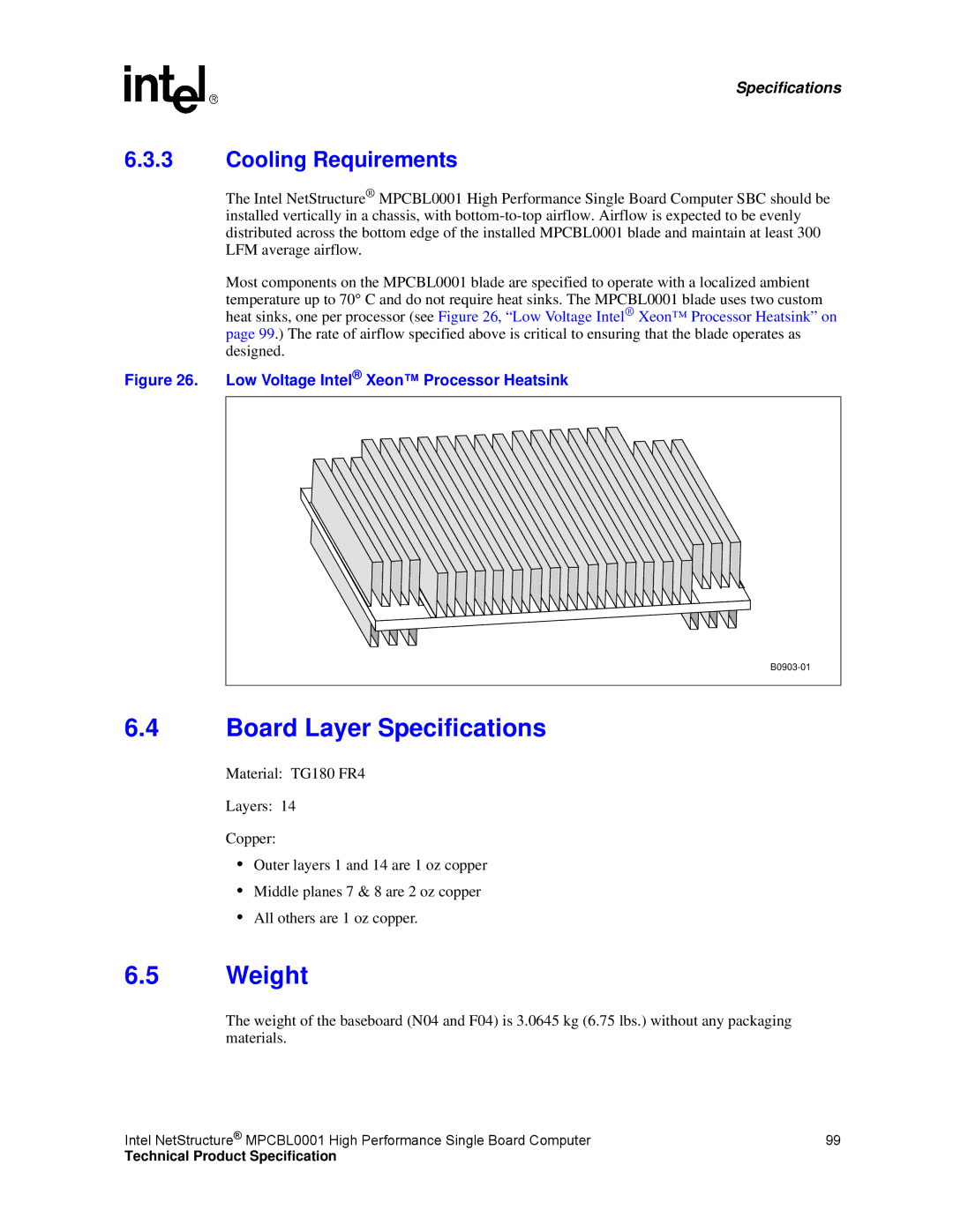 Intel MPCBL0001 manual Board Layer Specifications, Weight, Cooling Requirements 