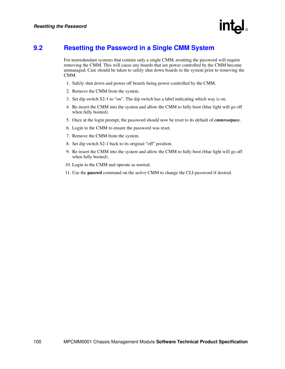 Intel MPCMM0001 manual Resetting the Password in a Single CMM System 