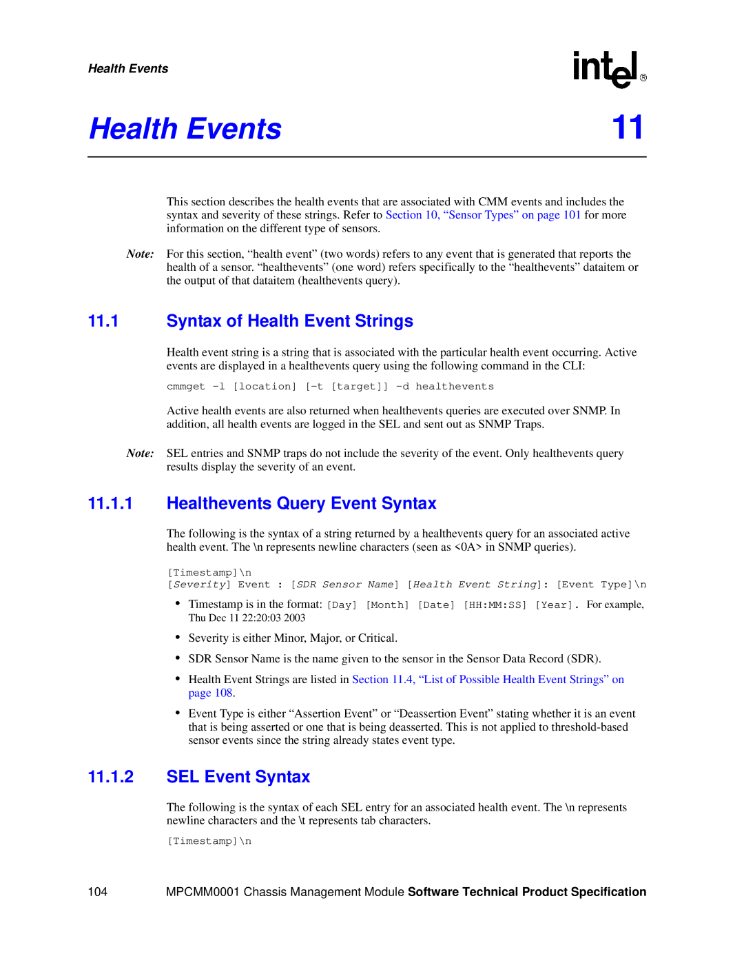 Intel MPCMM0001 manual Health Events, Syntax of Health Event Strings, Healthevents Query Event Syntax, SEL Event Syntax 