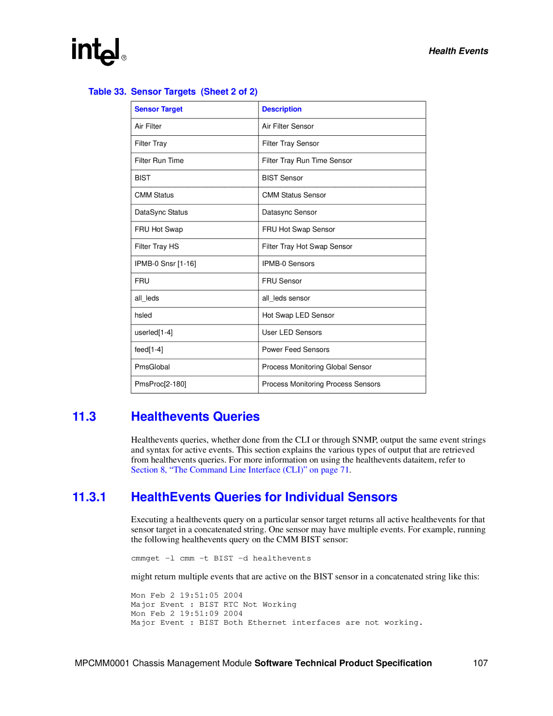 Intel MPCMM0001 manual Healthevents Queries, HealthEvents Queries for Individual Sensors, Sensor Targets Sheet 2 