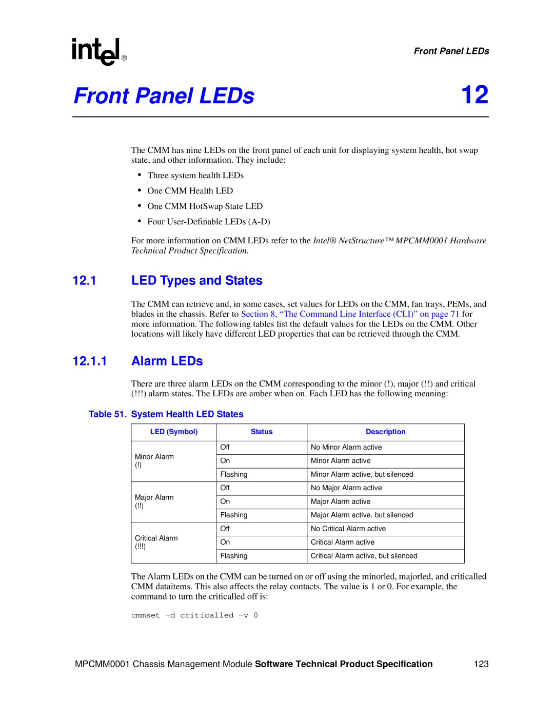 Intel MPCMM0001 manual Front Panel LEDs, LED Types and States, Alarm LEDs, System Health LED States 