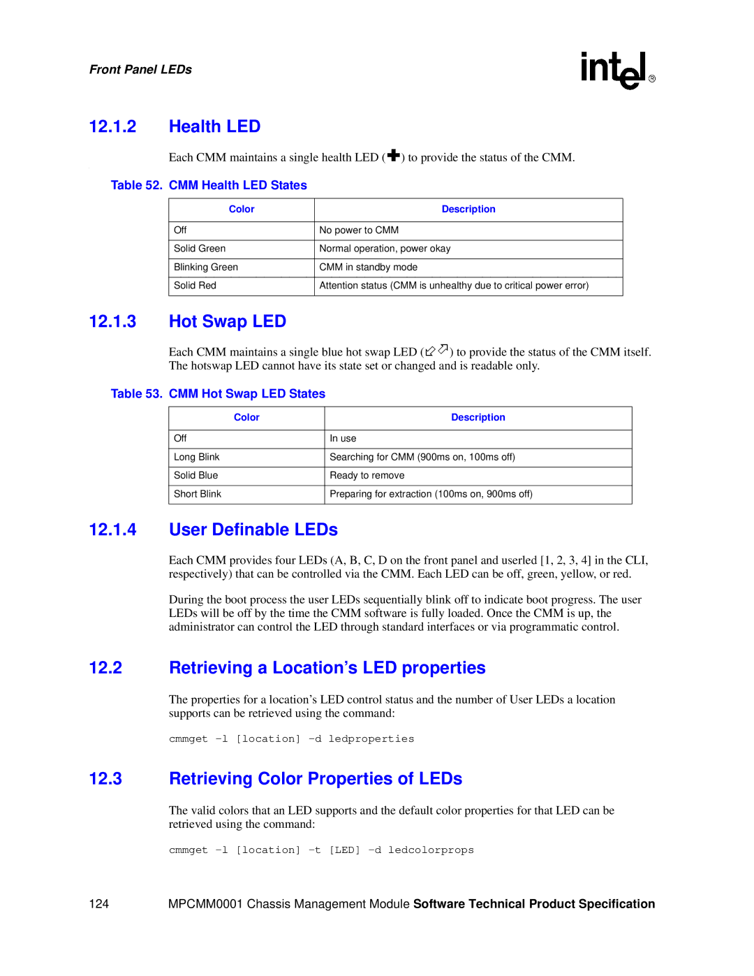 Intel MPCMM0001 manual Health LED, Hot Swap LED, User Definable LEDs, Retrieving a Location’s LED properties 