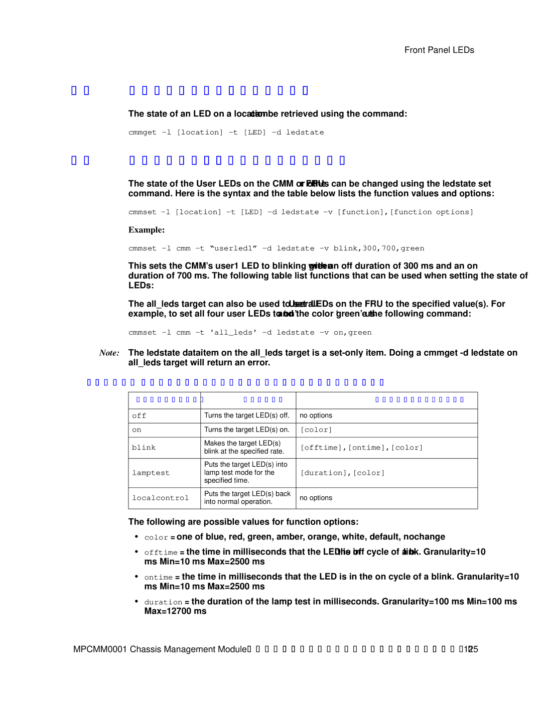 Intel MPCMM0001 Retrieving the State of LEDs, Setting the State of the User LEDs, Ledstate Functions and Function Options 