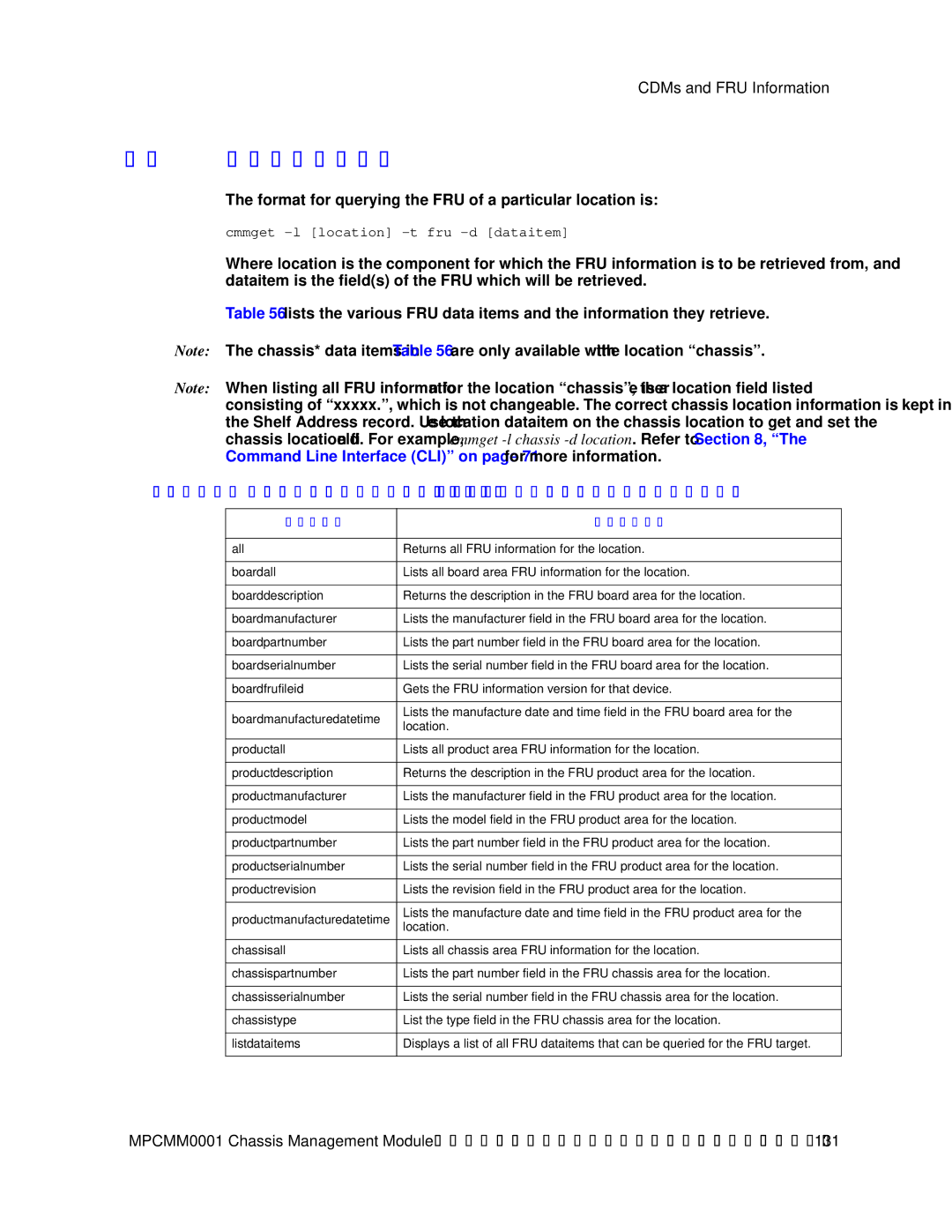 Intel MPCMM0001 manual FRU Query Syntax, Dataitems Used With FRU Target -t to Obtain FRU Information, Dataitem Description 