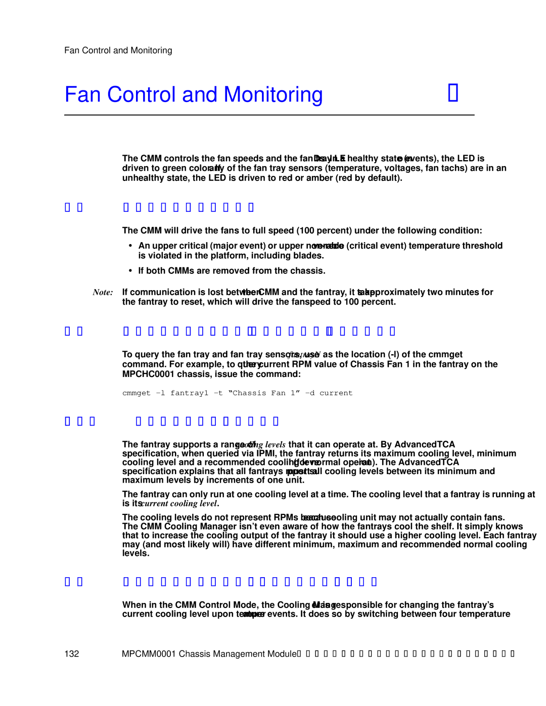 Intel MPCMM0001 manual Fan Control and Monitoring, Automatic Fan Control, Querying Fan Tray Sensors FantrayN location 