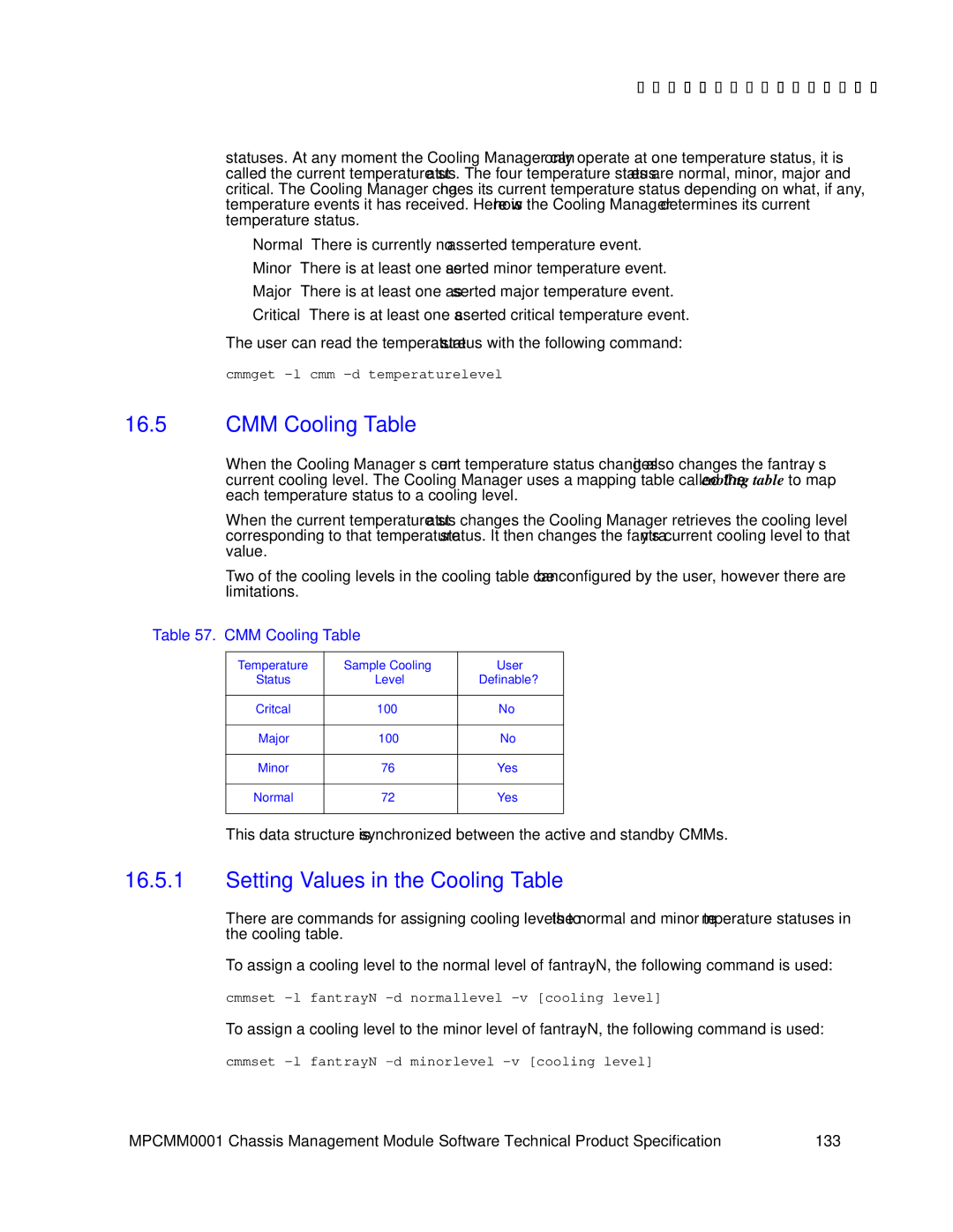 Intel MPCMM0001 manual CMM Cooling Table, Setting Values in the Cooling Table, Temperature Sample Cooling User 