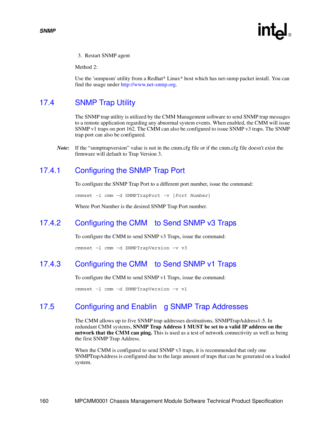 Intel MPCMM0001 manual Snmp Trap Utility, Configuring the Snmp Trap Port, Configuring the CMM to Send Snmp v3 Traps 