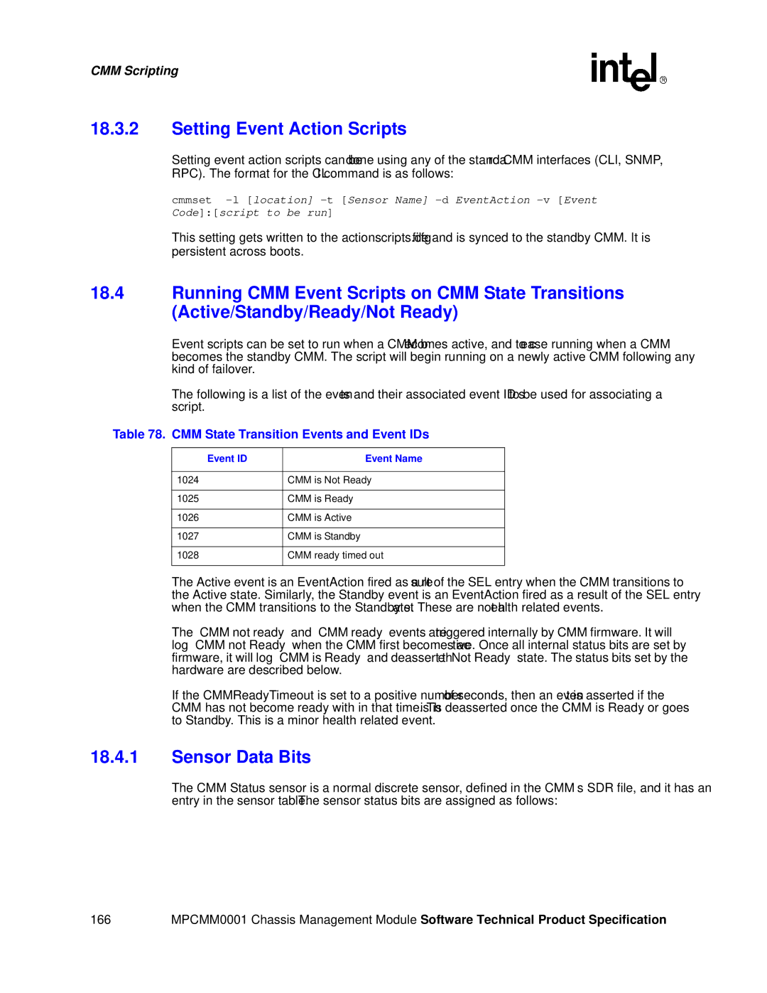 Intel MPCMM0001 manual Setting Event Action Scripts, Sensor Data Bits, CMM State Transition Events and Event IDs 