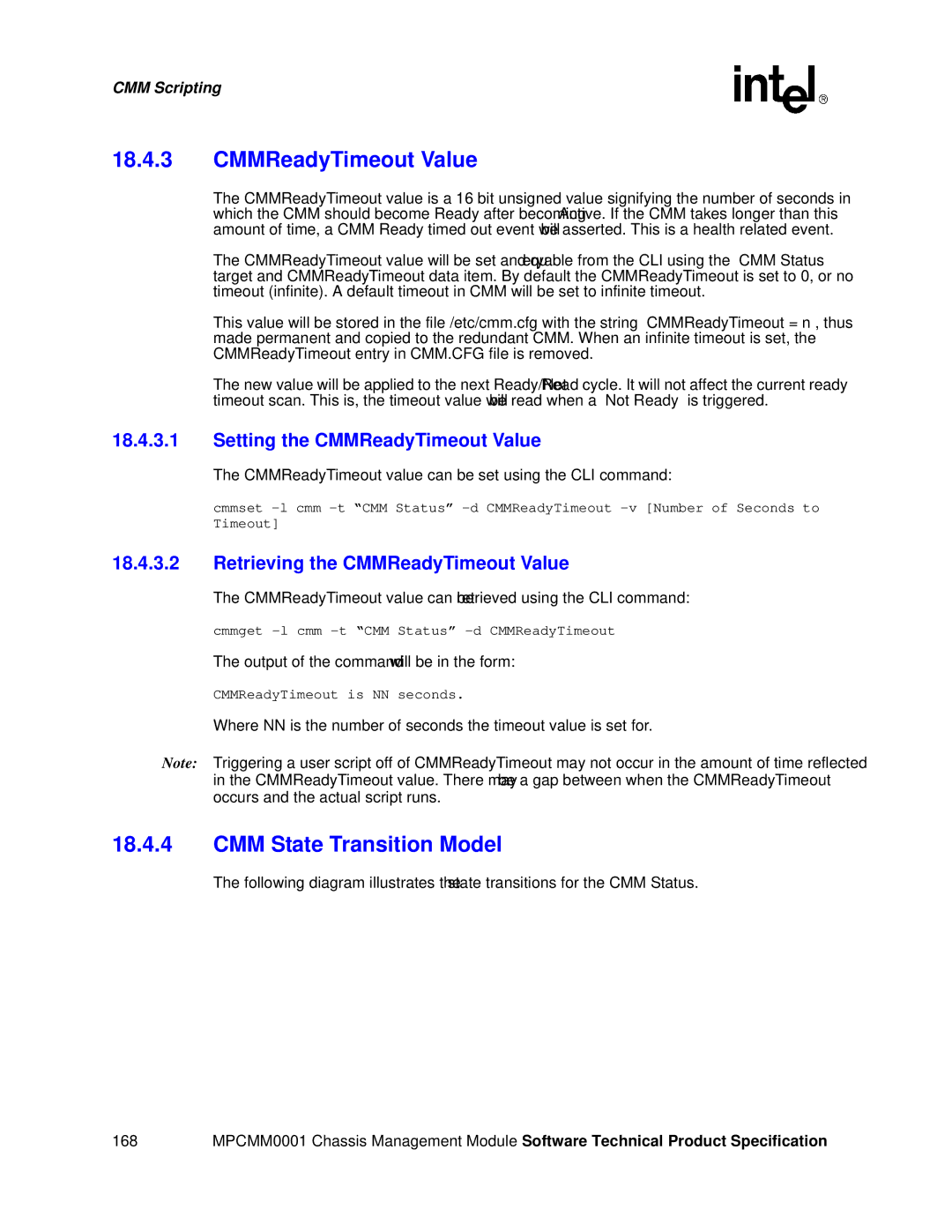 Intel MPCMM0001 CMM State Transition Model, Setting the CMMReadyTimeout Value, Retrieving the CMMReadyTimeout Value 