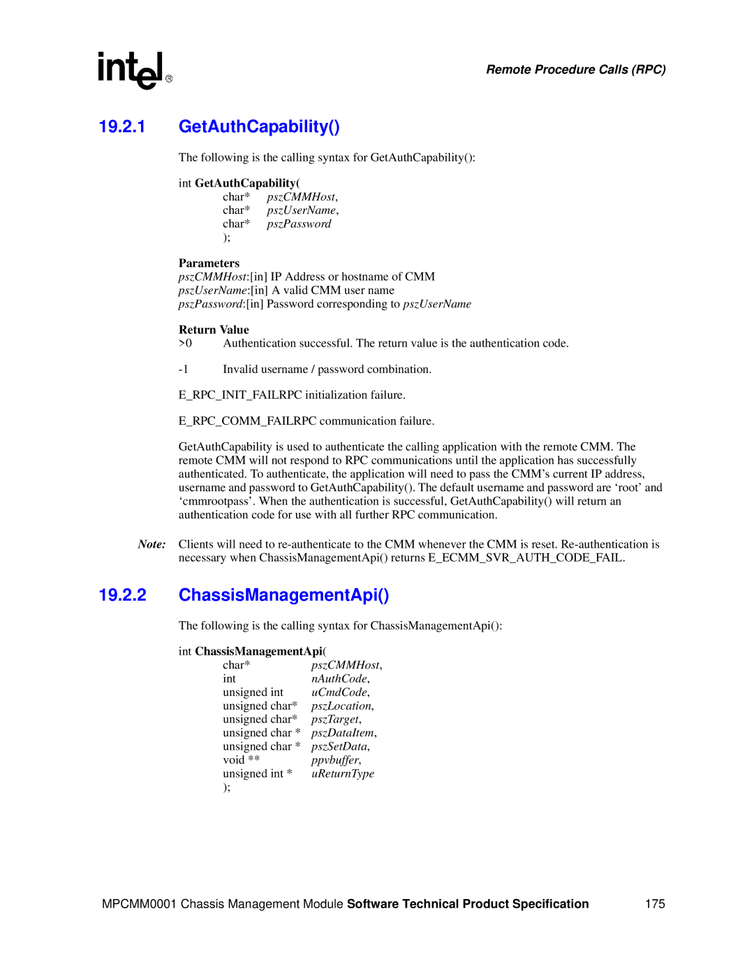 Intel MPCMM0001 manual GetAuthCapability, ChassisManagementApi 