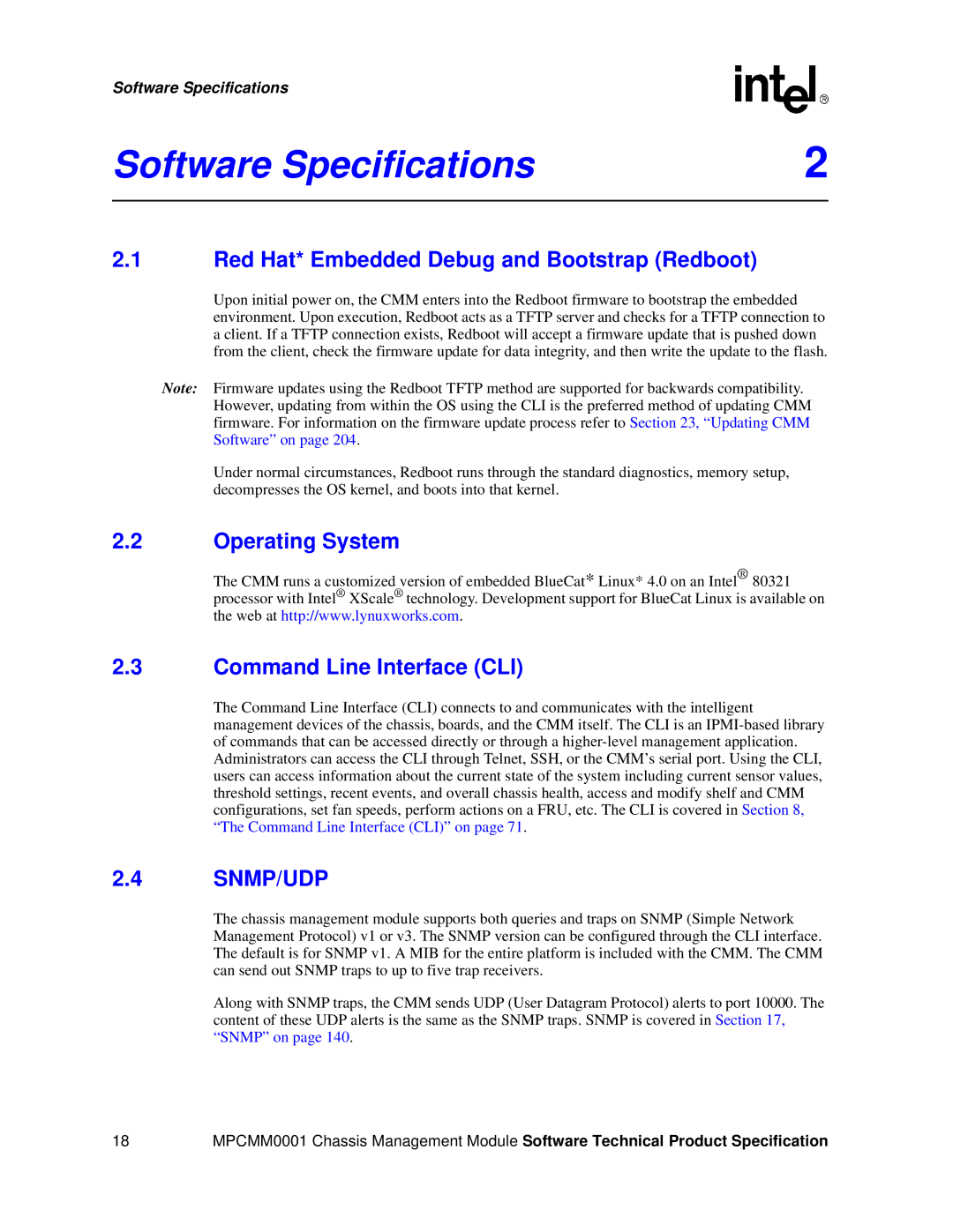 Intel MPCMM0001 manual Software Specifications, Red Hat* Embedded Debug and Bootstrap Redboot 