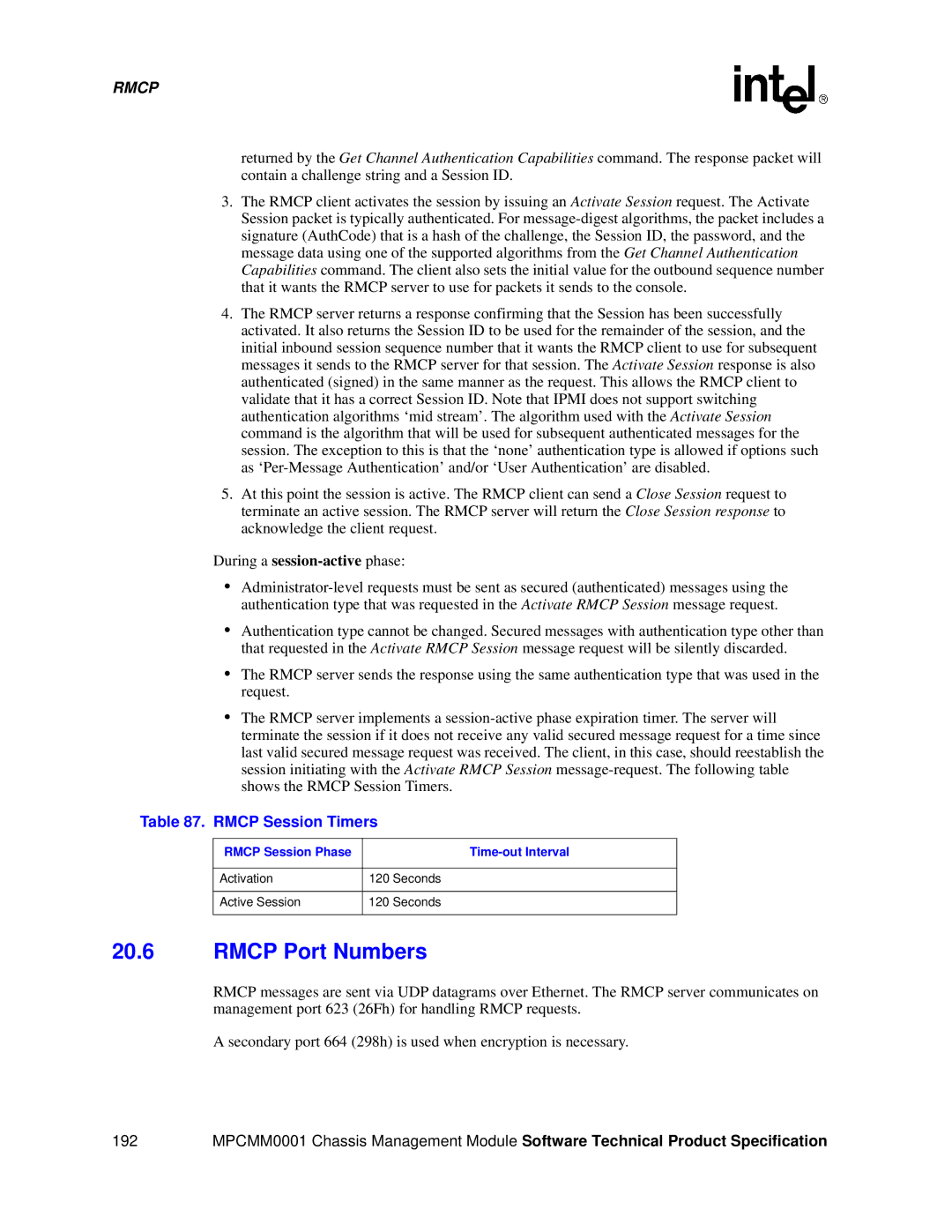 Intel MPCMM0001 manual Rmcp Port Numbers, Rmcp Session Timers, Rmcp Session Phase Time-out Interval 