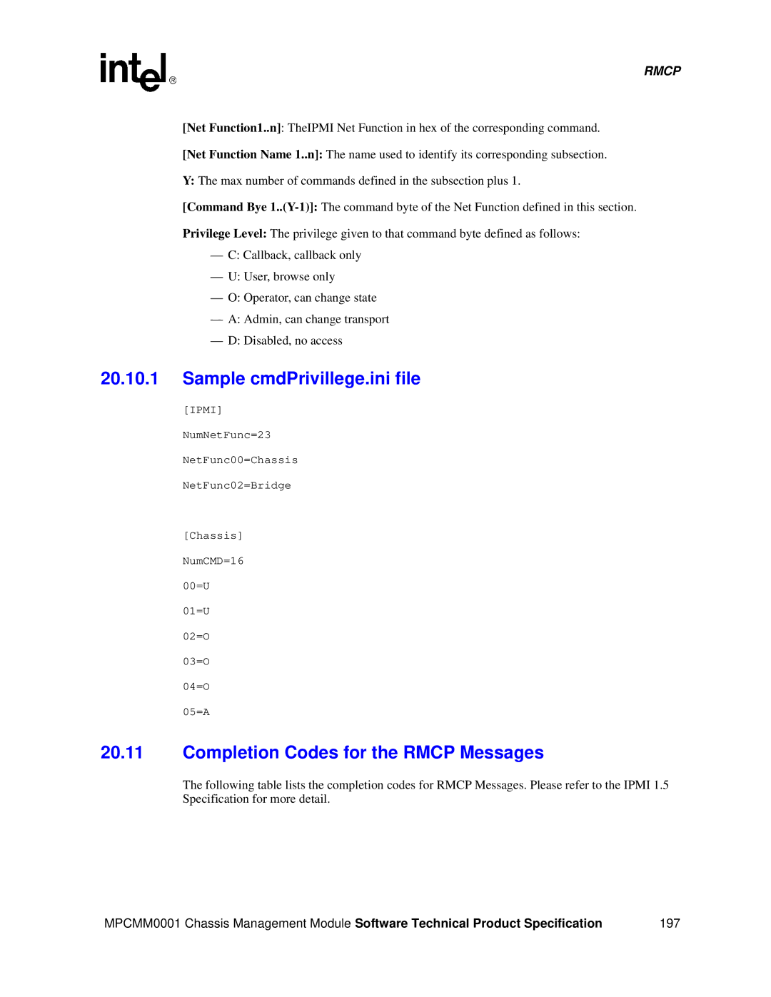 Intel MPCMM0001 manual Sample cmdPrivillege.ini file, Completion Codes for the Rmcp Messages 