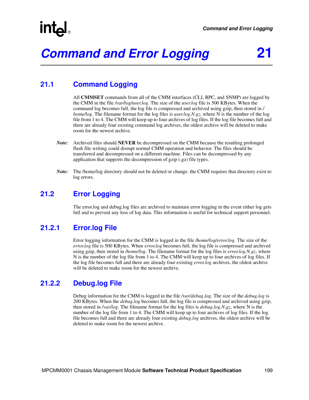 Intel MPCMM0001 manual Command and Error Logging, Command Logging, Error.log File, Debug.log File 