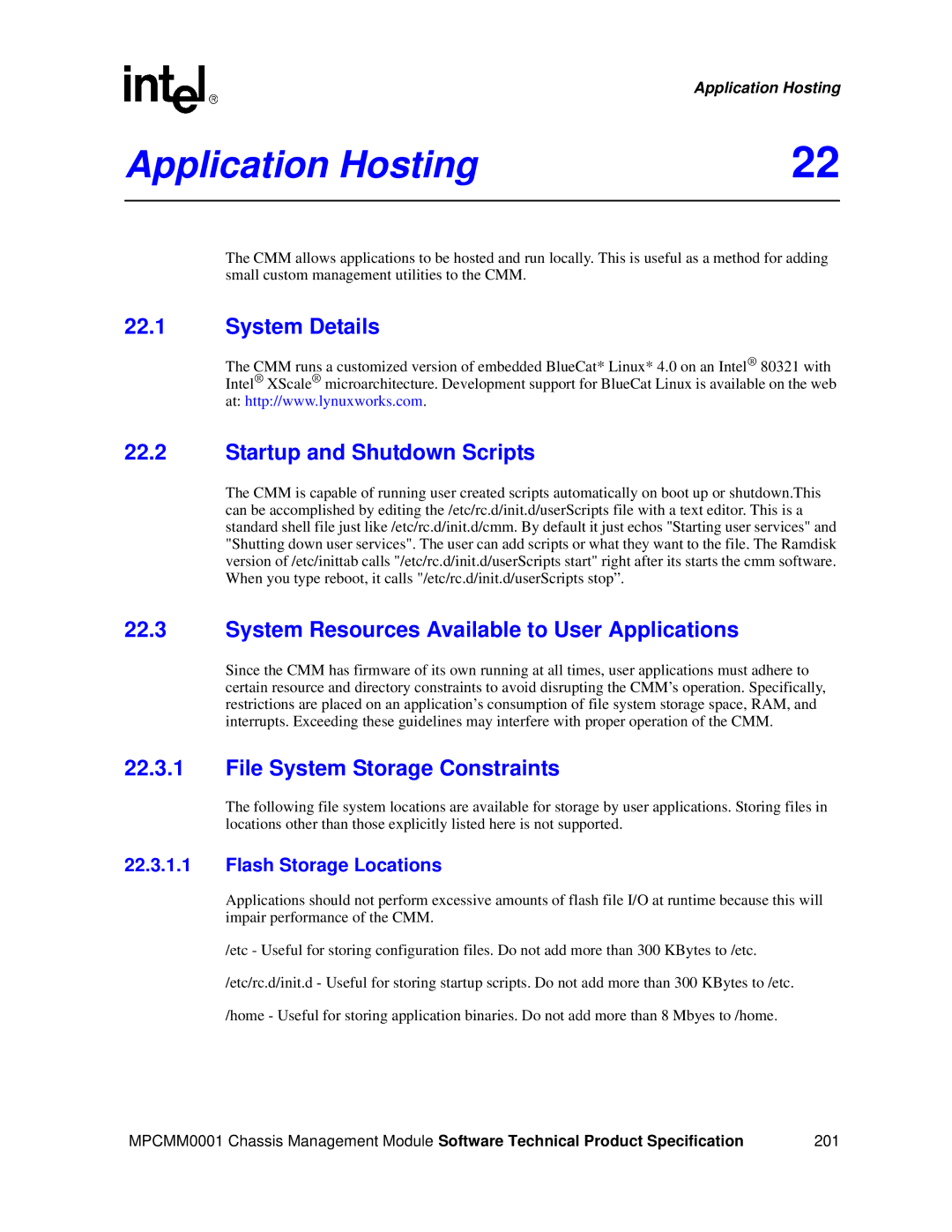 Intel MPCMM0001 manual Application Hosting, System Details Startup and Shutdown Scripts, File System Storage Constraints 