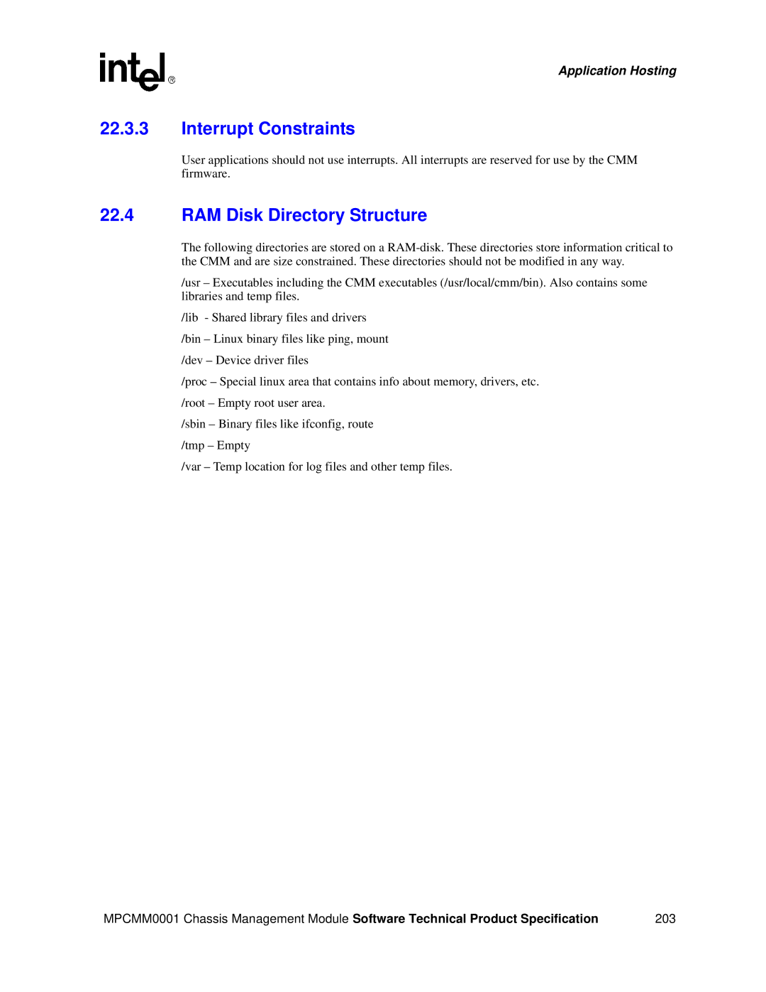 Intel MPCMM0001 manual Interrupt Constraints, RAM Disk Directory Structure 