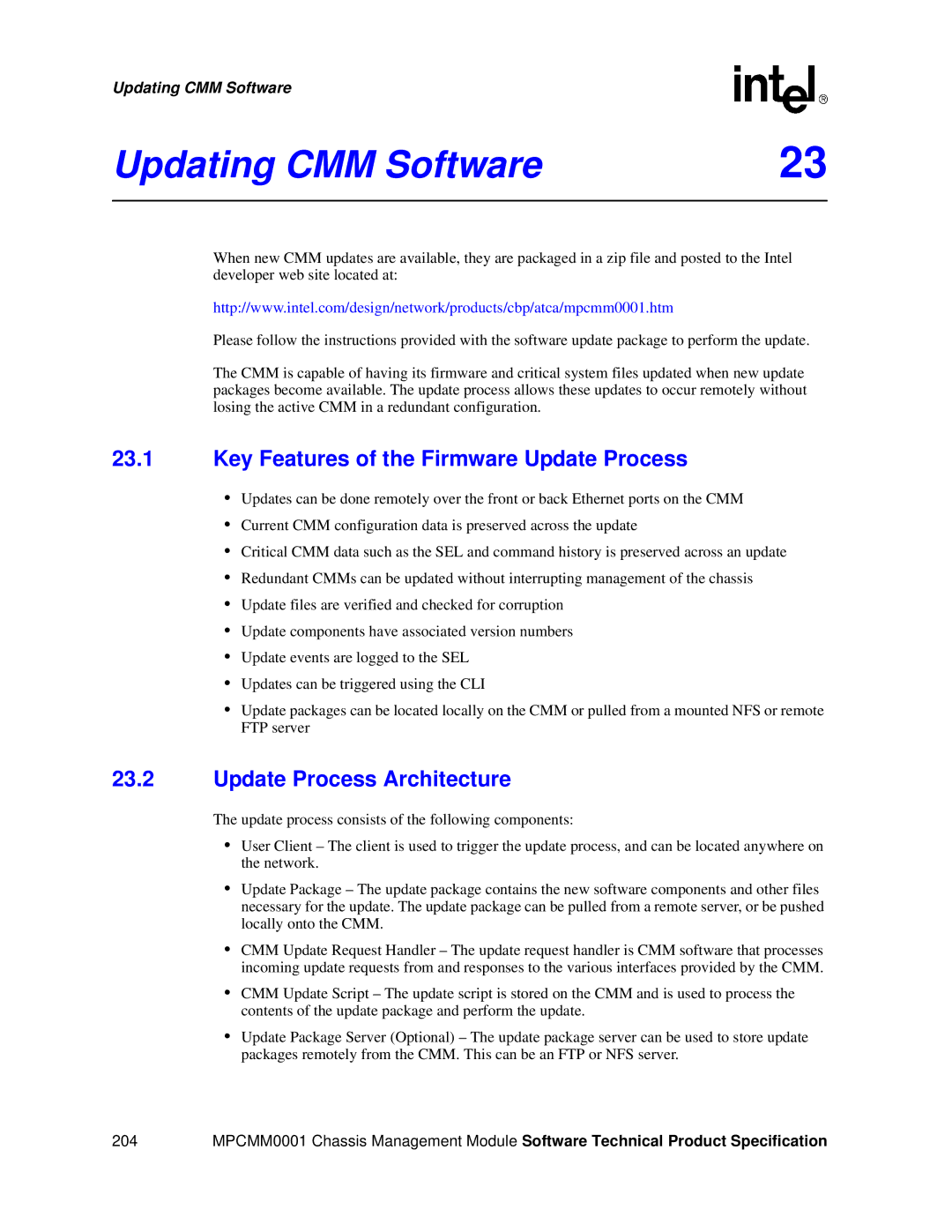 Intel MPCMM0001 manual Updating CMM Software, Key Features of the Firmware Update Process, Update Process Architecture 