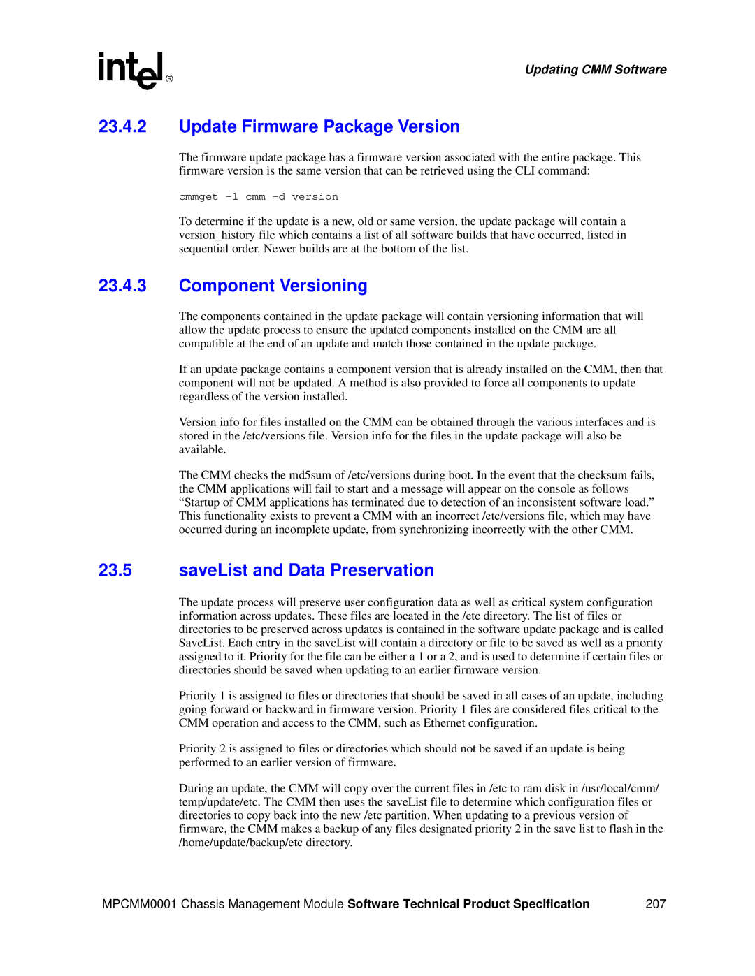 Intel MPCMM0001 manual Update Firmware Package Version, Component Versioning, SaveList and Data Preservation 