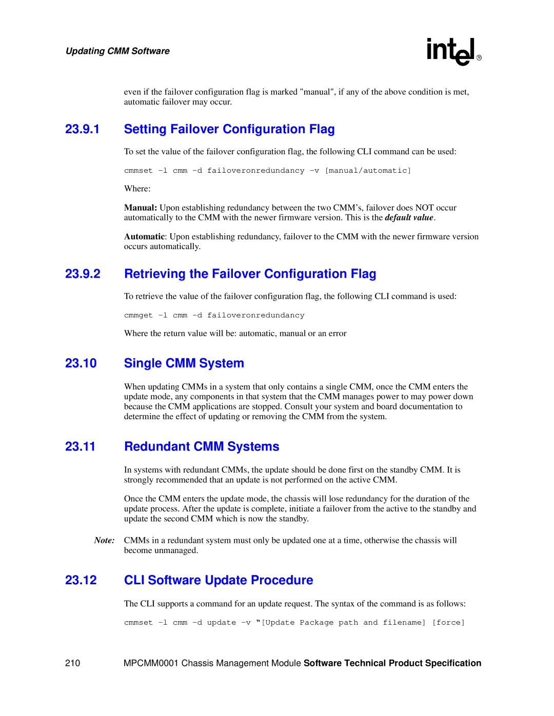 Intel MPCMM0001 manual Setting Failover Configuration Flag, Retrieving the Failover Configuration Flag, Single CMM System 