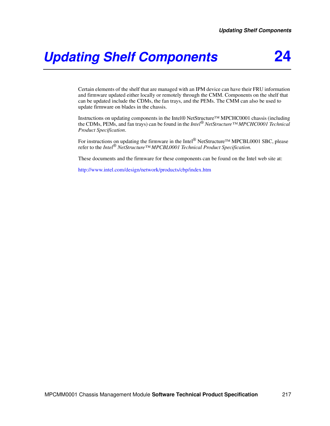 Intel MPCMM0001 manual Updating Shelf Components 