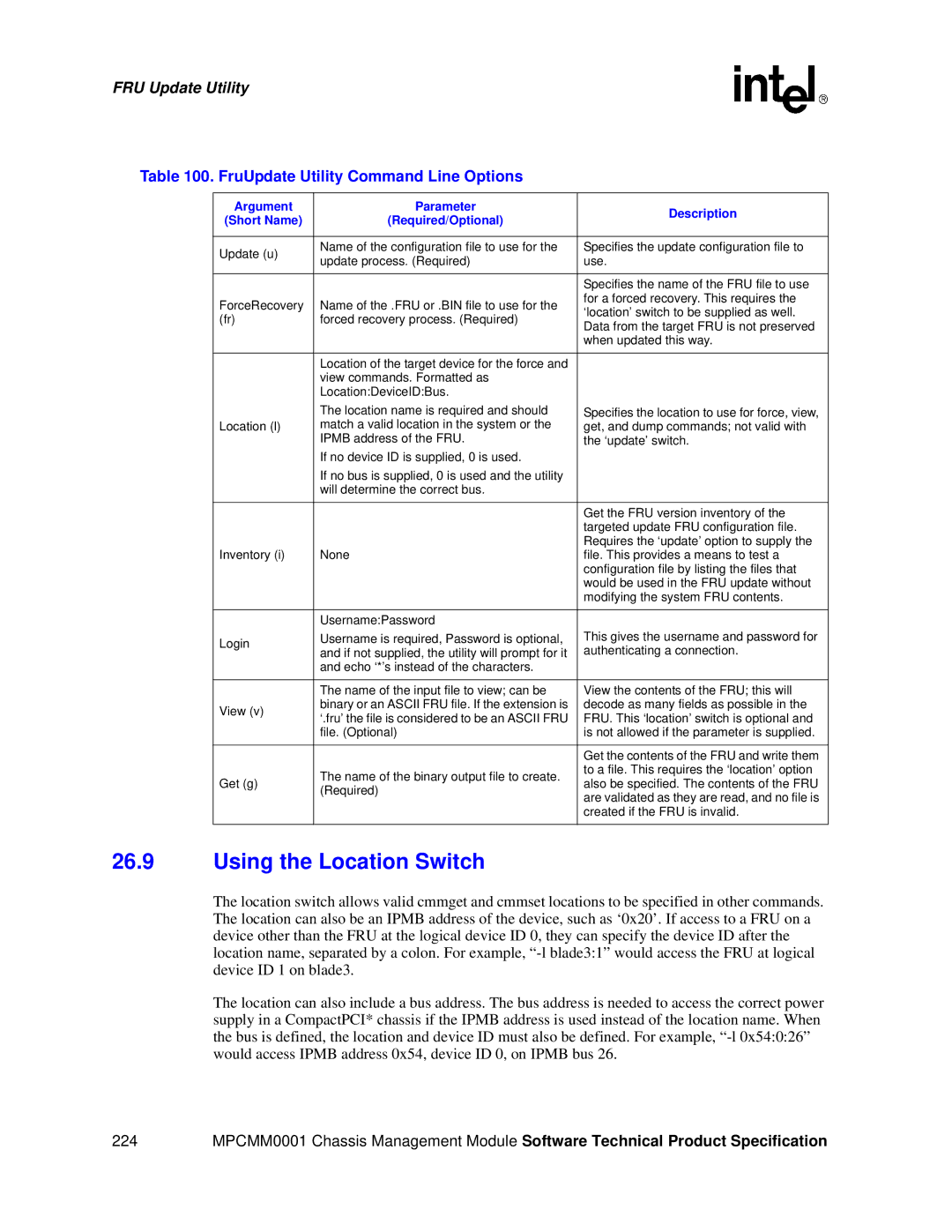 Intel MPCMM0001 manual Using the Location Switch, FruUpdate Utility Command Line Options 