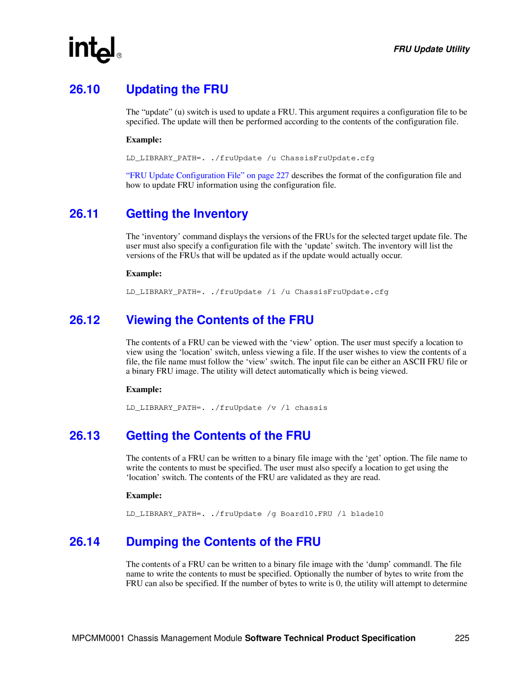 Intel MPCMM0001 Updating the FRU, Getting the Inventory, Viewing the Contents of the FRU, Getting the Contents of the FRU 