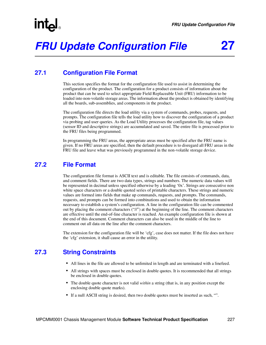 Intel MPCMM0001 manual FRU Update Configuration File, Configuration File Format, String Constraints 