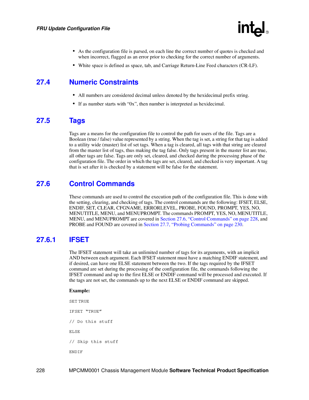 Intel MPCMM0001 manual Numeric Constraints, Tags, Control Commands, Ifset 