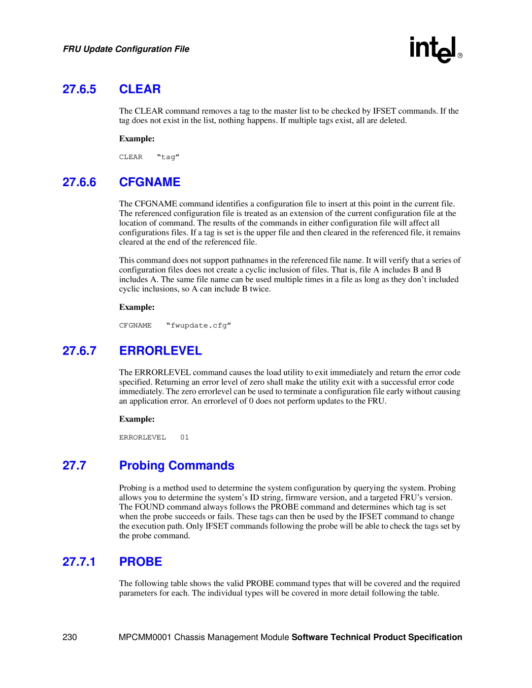 Intel MPCMM0001 manual Clear, Cfgname, Probing Commands, Probe 