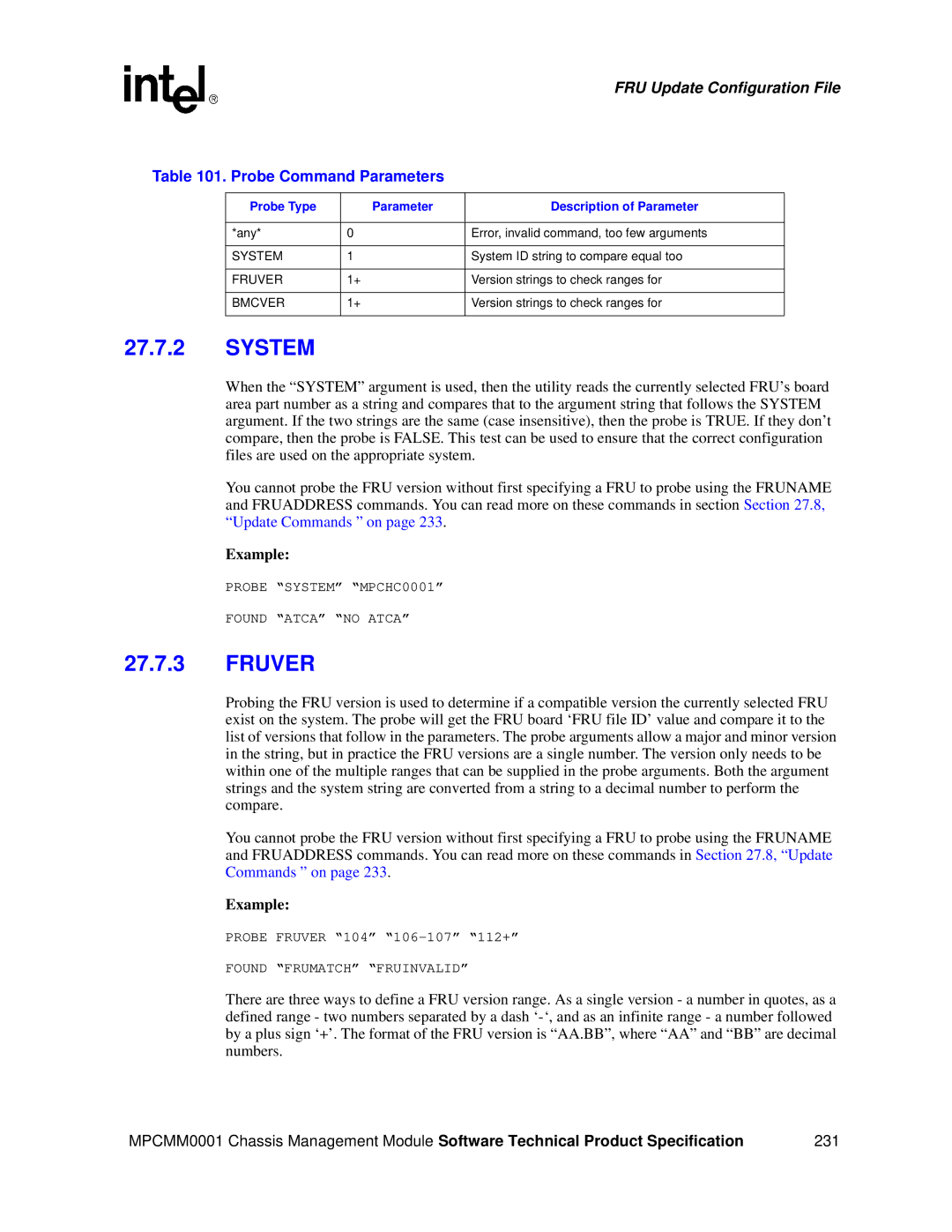 Intel MPCMM0001 manual System, Fruver, Probe Command Parameters, Probe Type Parameter Description of Parameter 