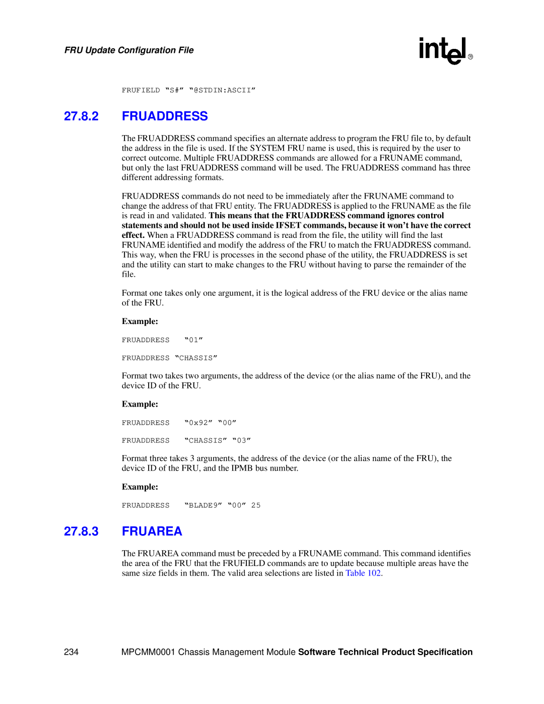 Intel MPCMM0001 manual Fruaddress, Fruarea 