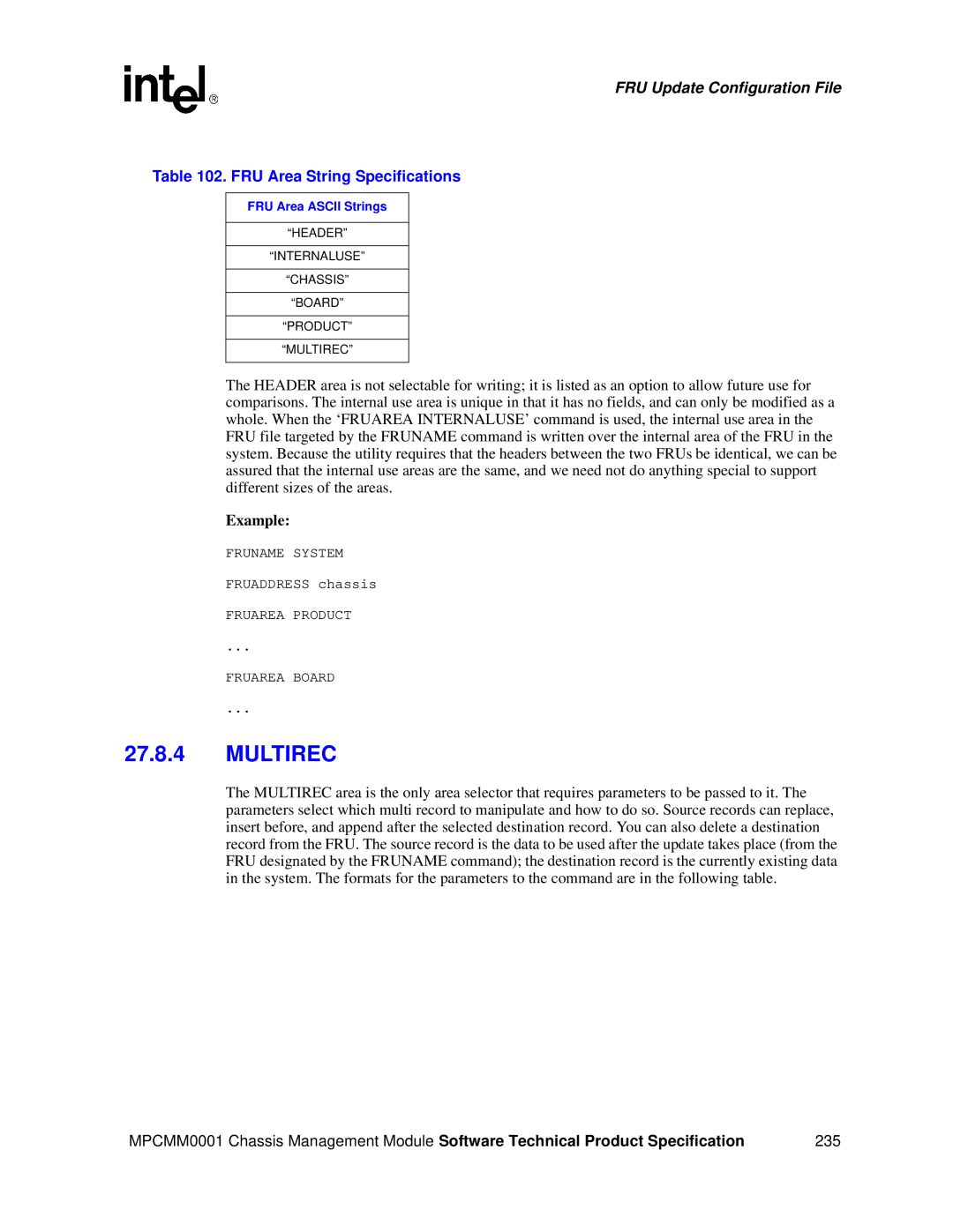 Intel MPCMM0001 manual FRU Area String Specifications, FRU Area Ascii Strings 