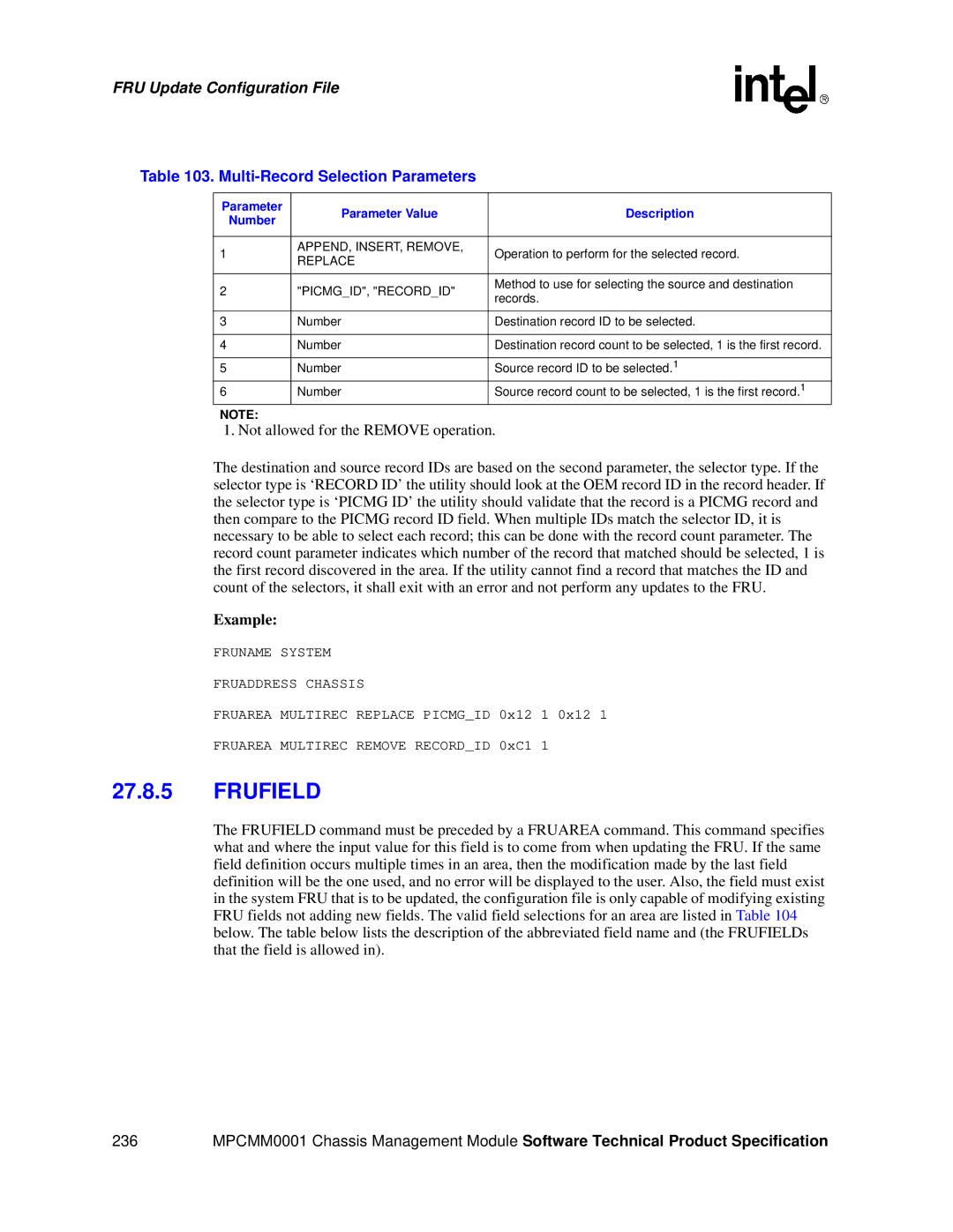 Intel MPCMM0001 manual Multi-Record Selection Parameters, Parameter Parameter Value Description Number 