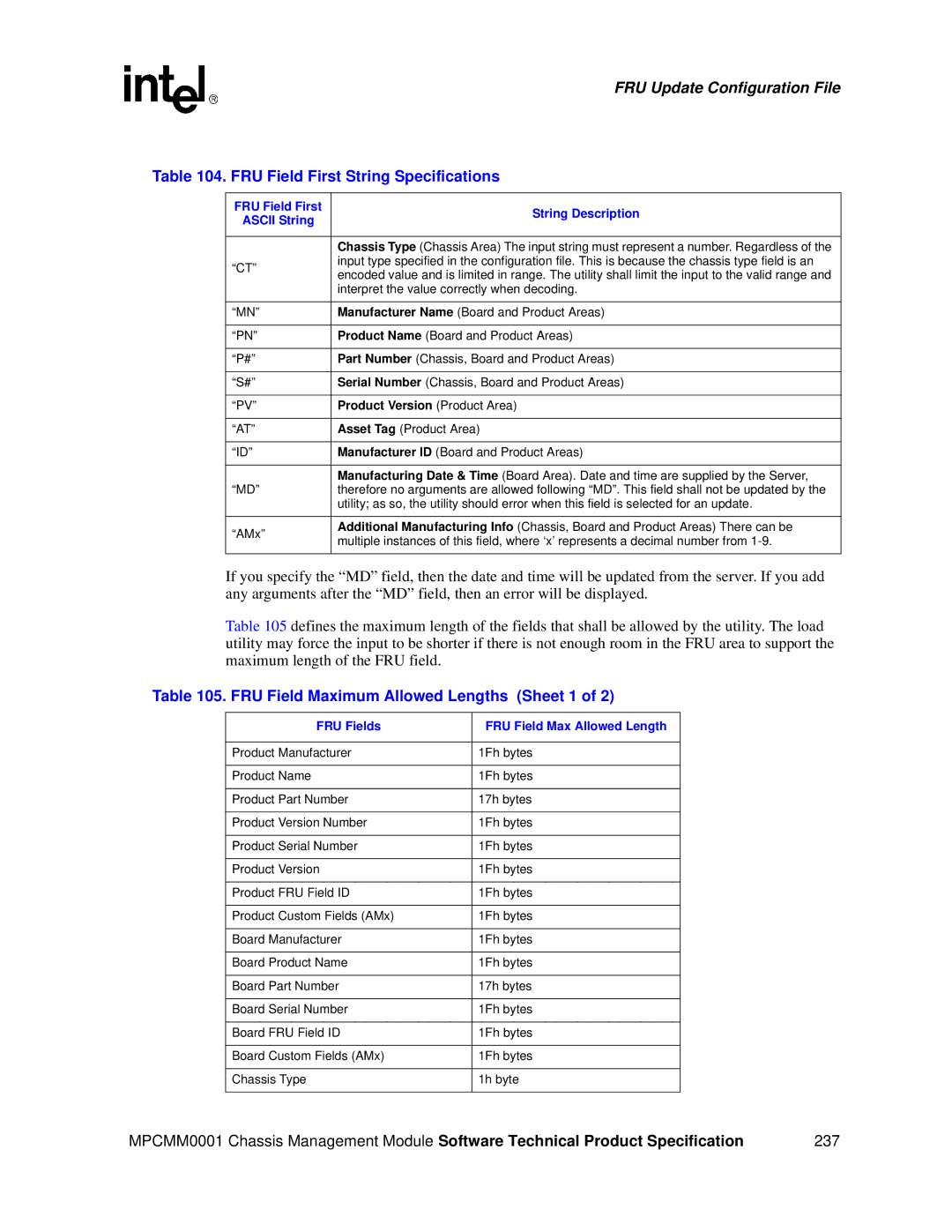 Intel MPCMM0001 manual FRU Field First String Specifications, FRU Field Maximum Allowed Lengths Sheet 1 