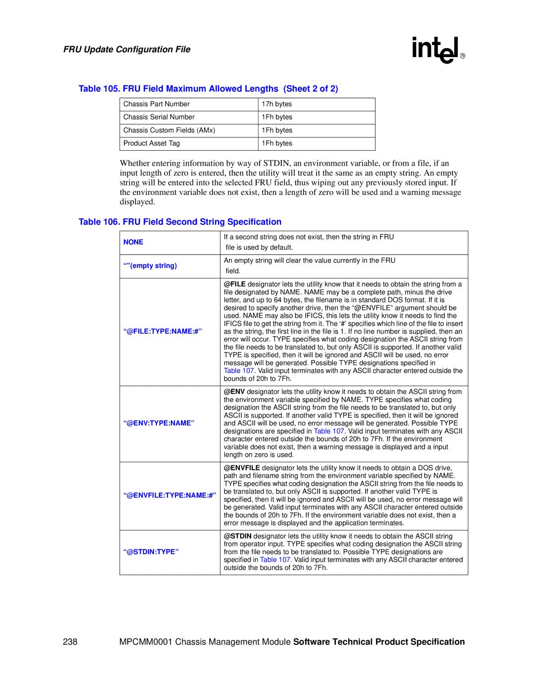 Intel MPCMM0001 manual FRU Field Maximum Allowed Lengths Sheet 2, FRU Field Second String Specification, Empty string 