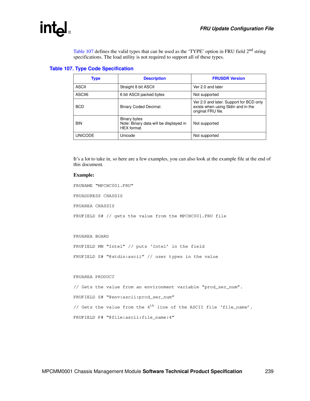 Intel MPCMM0001 manual Type Code Specification, Type Description Frusdr Version 