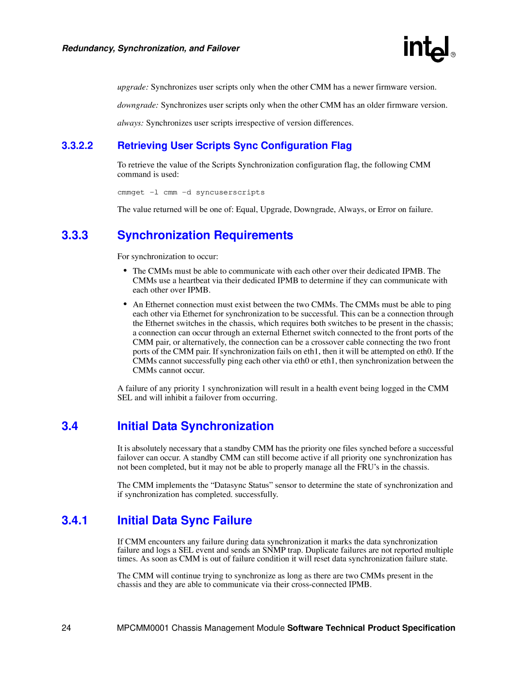 Intel MPCMM0001 manual Synchronization Requirements, Initial Data Synchronization, Initial Data Sync Failure 