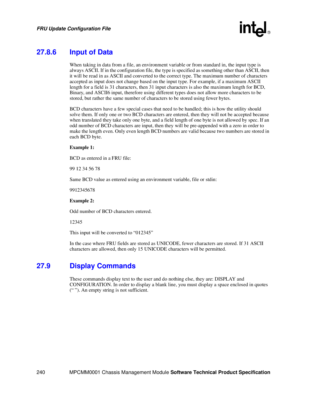 Intel MPCMM0001 manual Input of Data, Display Commands 