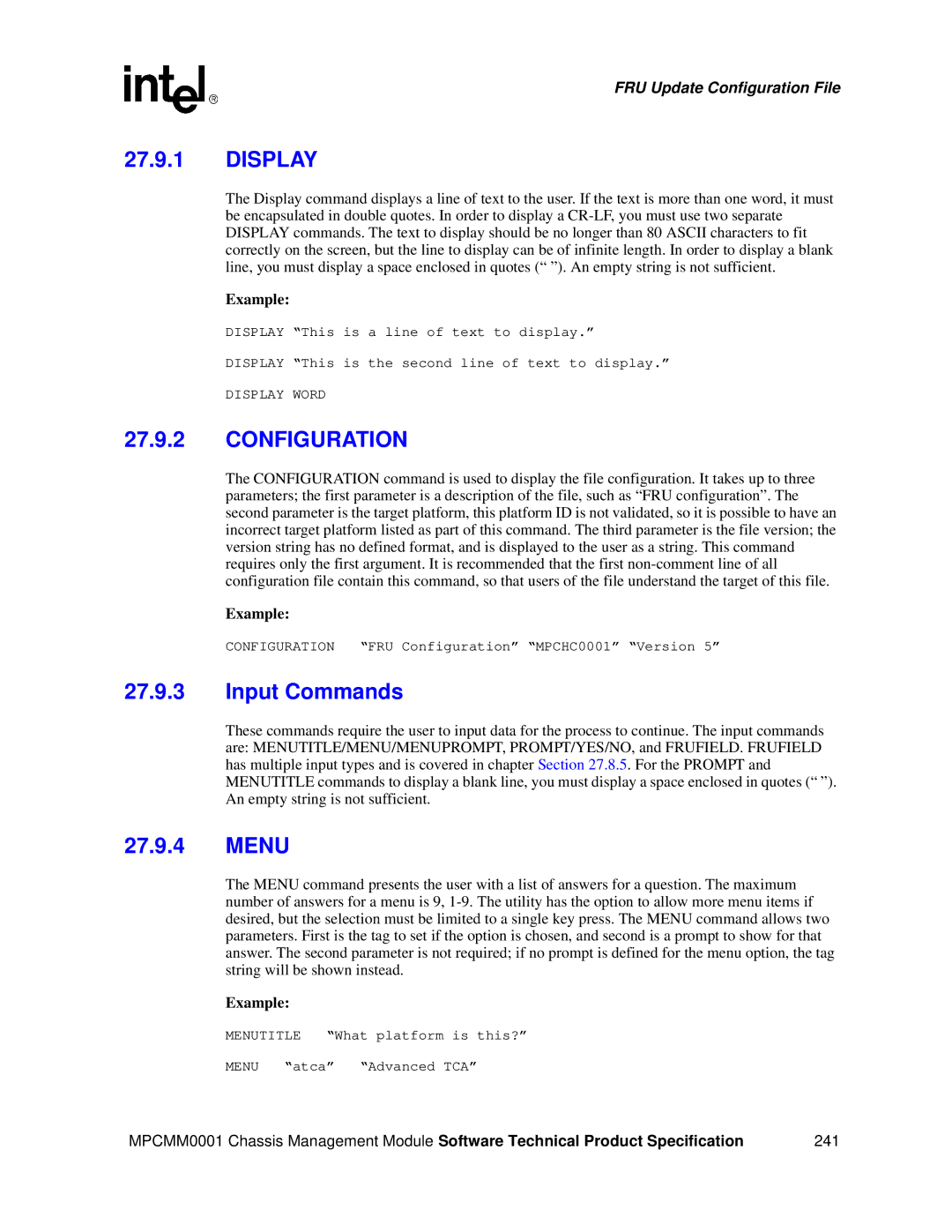 Intel MPCMM0001 manual Display, Input Commands, Menu 