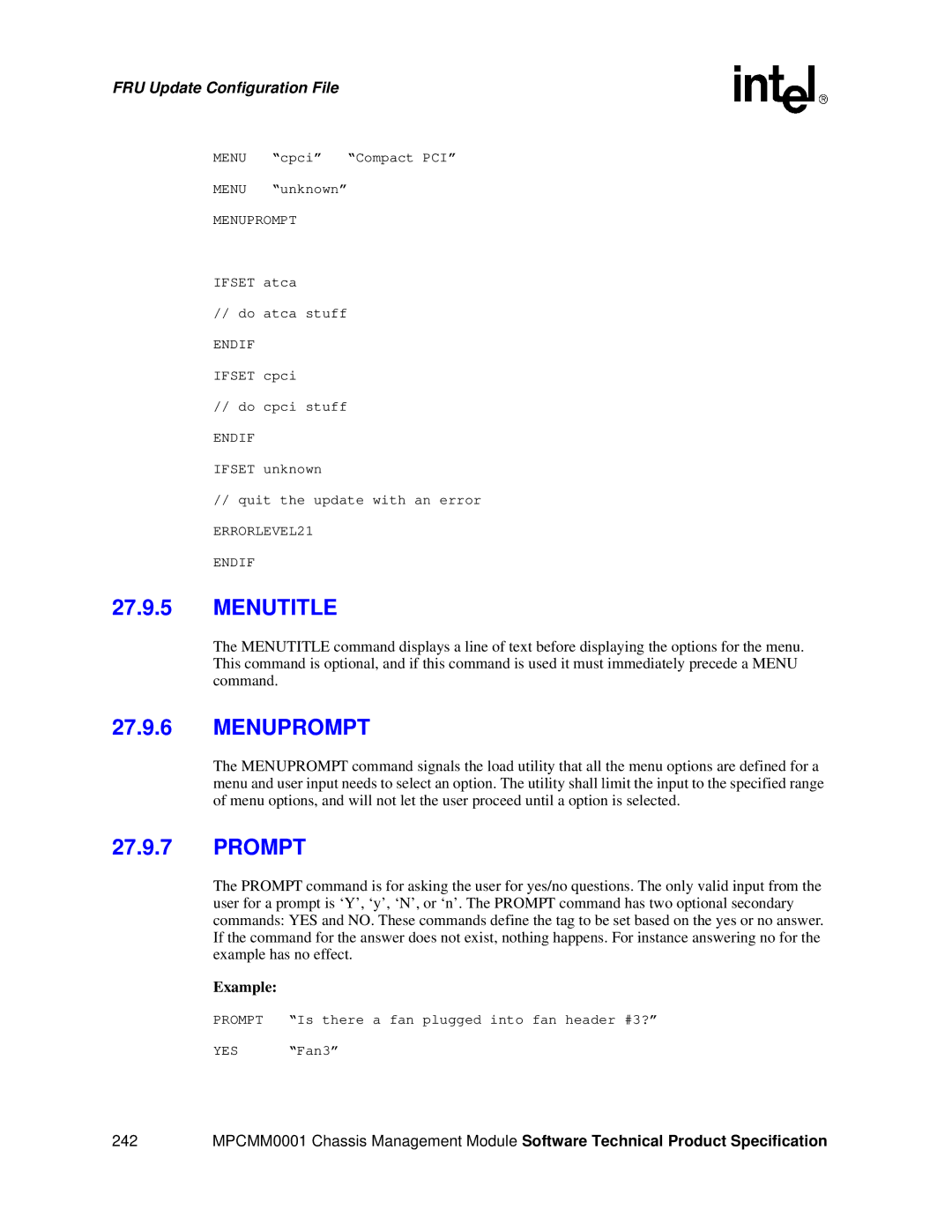 Intel MPCMM0001 manual Menutitle, Prompt 