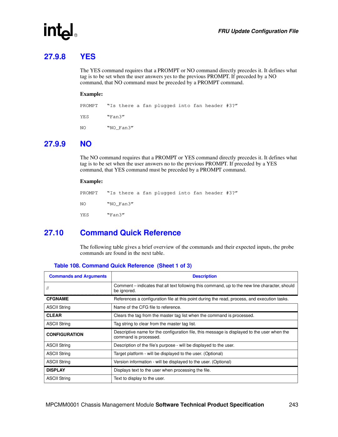 Intel MPCMM0001 manual 27.9.8 YES, 27.9.9 no, Command Quick Reference Sheet 1 