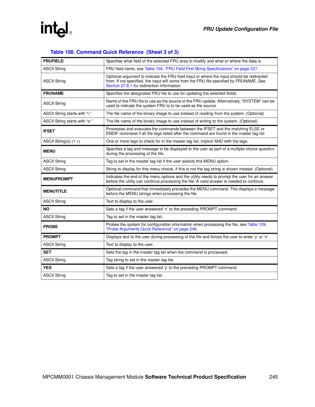 Intel MPCMM0001 manual Command Quick Reference Sheet 3, Frufield 