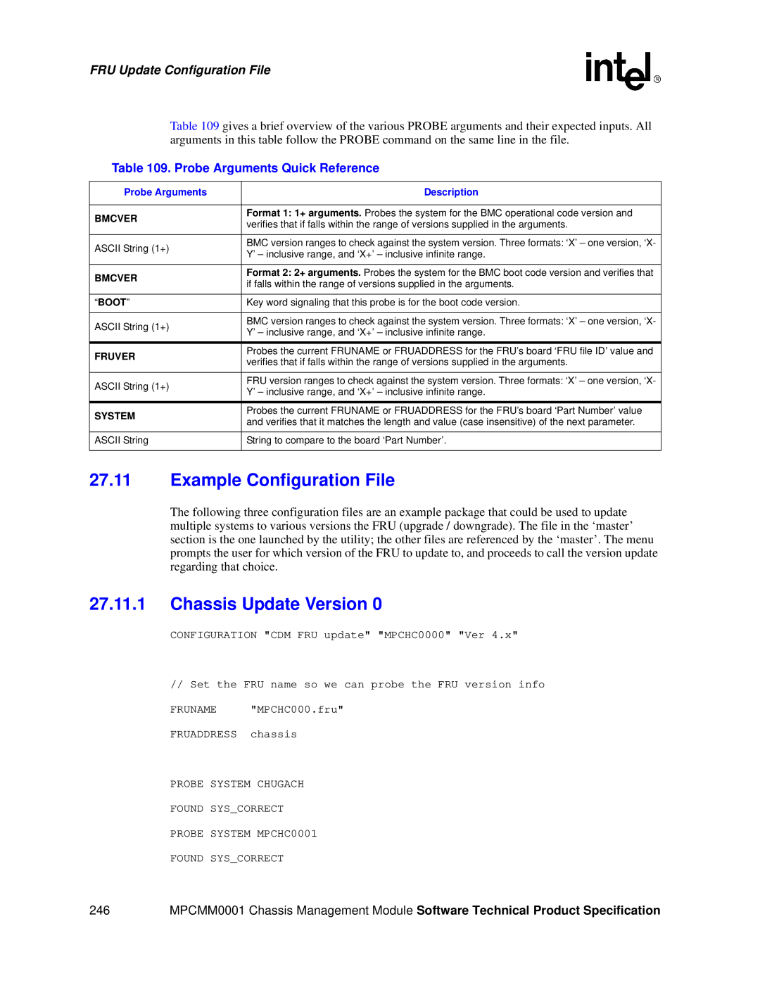 Intel MPCMM0001 manual Example Configuration File, Chassis Update Version, Probe Arguments Quick Reference 