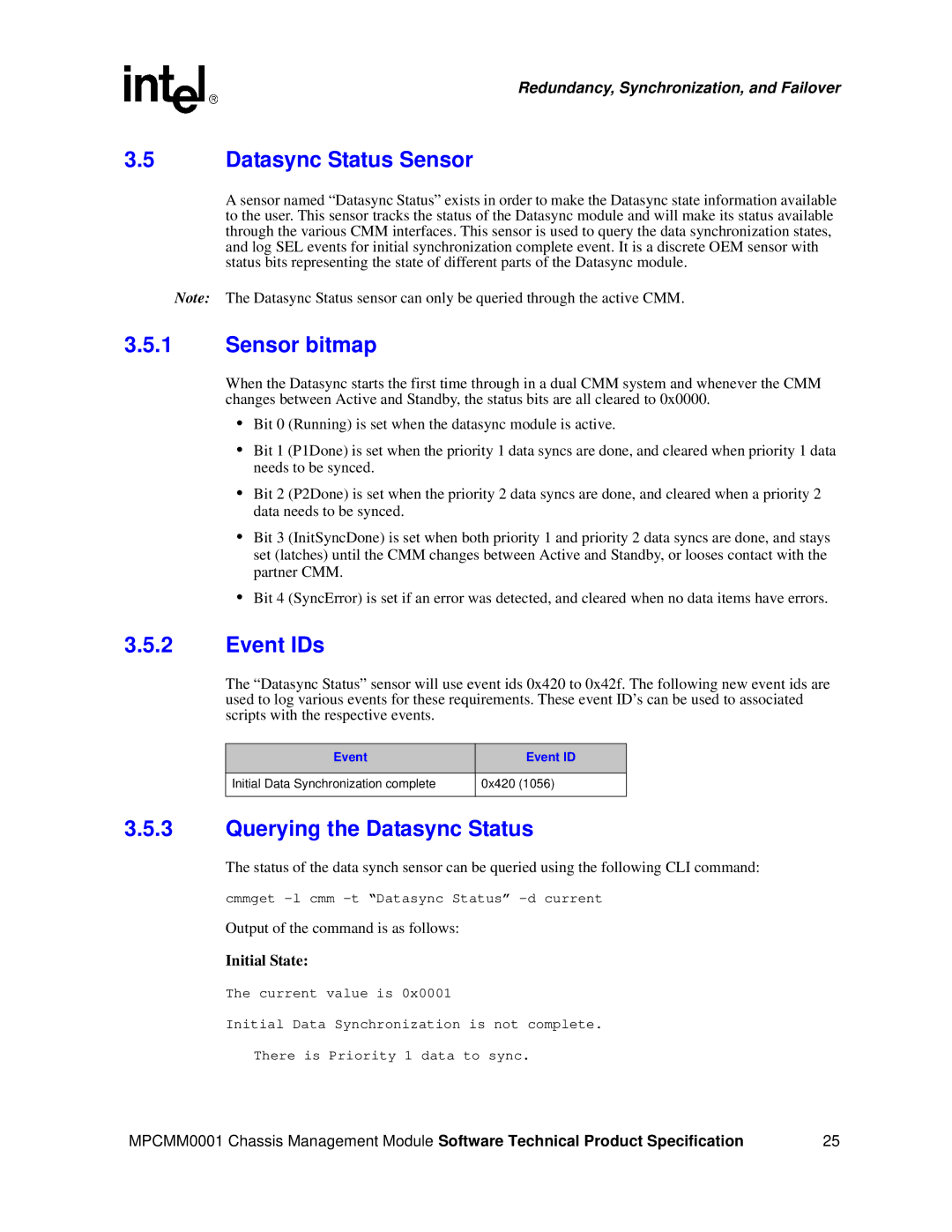 Intel MPCMM0001 manual Datasync Status Sensor, Sensor bitmap, Event IDs, Querying the Datasync Status 