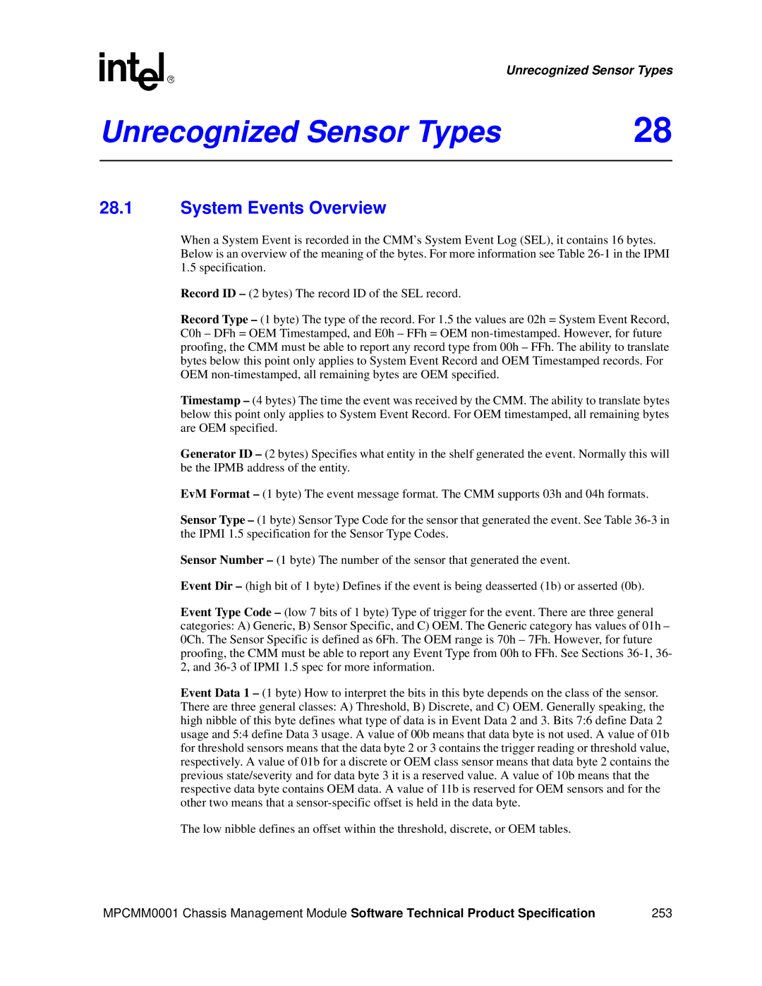 Intel MPCMM0001 manual Unrecognized Sensor Types, System Events Overview 