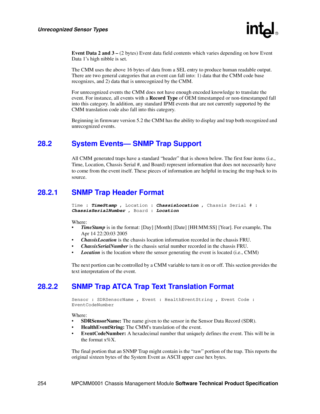 Intel MPCMM0001 System Events- Snmp Trap Support, Snmp Trap Header Format, Snmp Trap Atca Trap Text Translation Format 