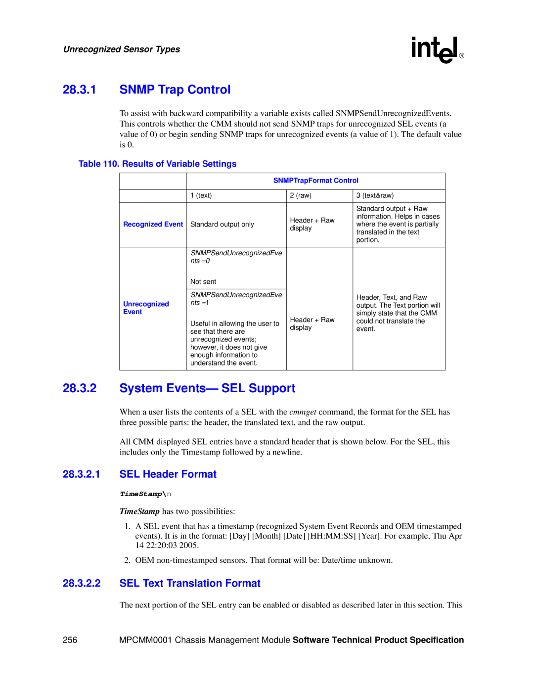 Intel MPCMM0001 manual Snmp Trap Control, System Events- SEL Support, SEL Header Format, SEL Text Translation Format 