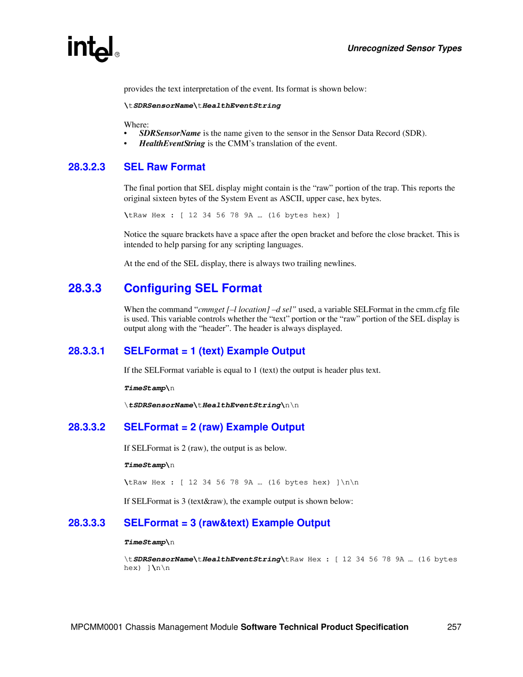 Intel MPCMM0001 manual Configuring SEL Format, SEL Raw Format, SELFormat = 1 text Example Output 