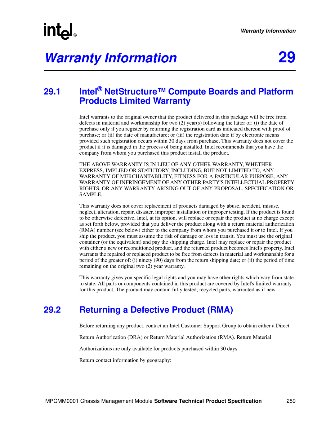 Intel MPCMM0001 manual Warranty Information, Returning a Defective Product RMA 