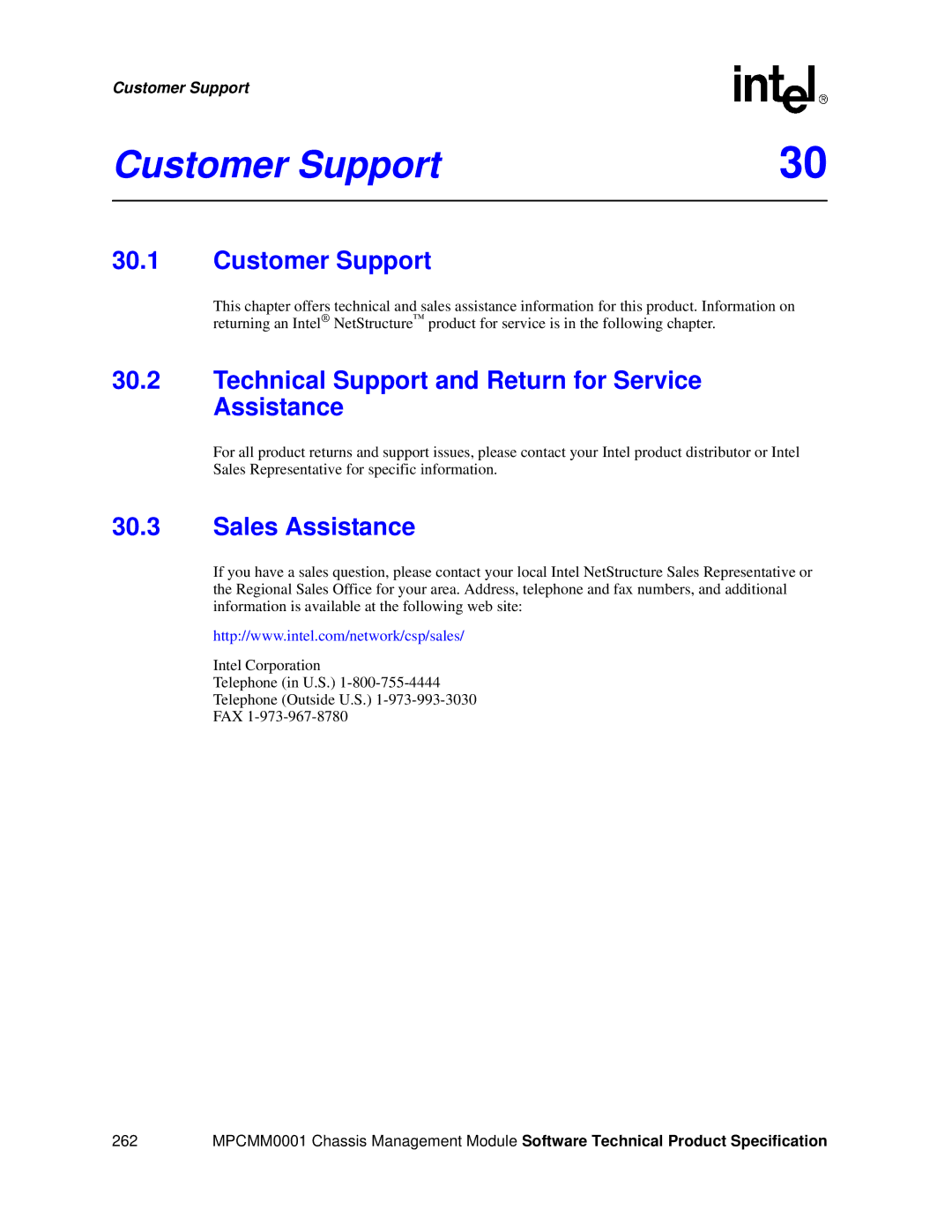 Intel MPCMM0001 manual Customer Support 